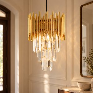 Lampadario classico a sospensione con pendenti oro cristallo per ingresso
