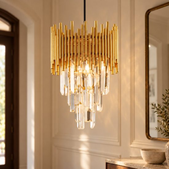 Lampadario classico a sospensione con pendenti oro cristallo per ingresso