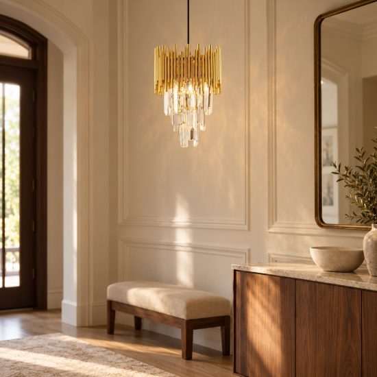 Lampadario classico a sospensione con pendenti oro cristallo per ingresso