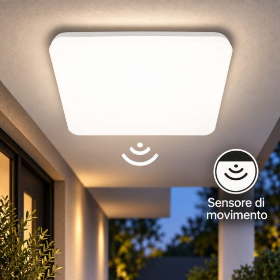 Fabas folk plafoniera quadrata bianca da esterno led 27w 3000k con sensore di movimento ip65