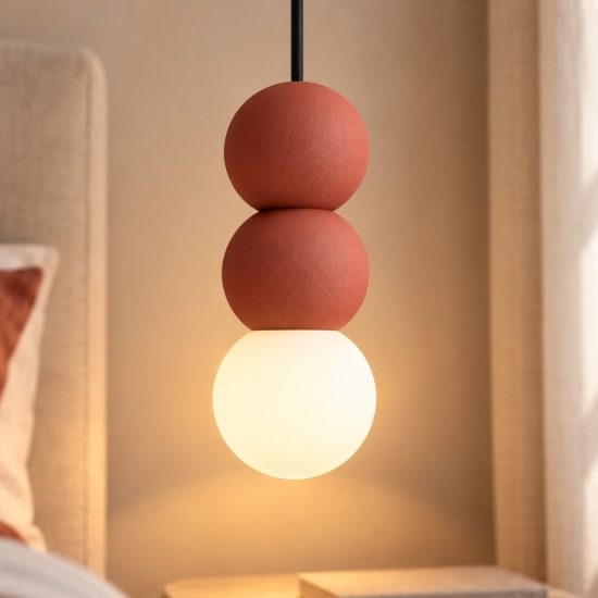 Lampada per comodino moderna sferica rosso e opale vetro a sospensione