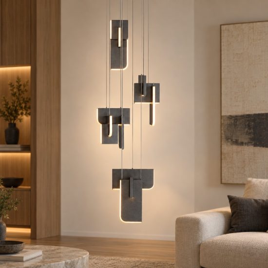 Lampadario a sospensione per soggiorno grigio argento led 52w 3000k 6 luci dimmerabile