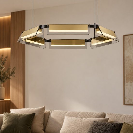 Lampadario a sospensione nero oro e grigio per soggiorno led 39w 3000k dimmerabile