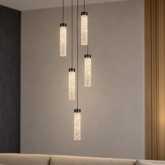 Lampadario per soggiorno nero a sospensione led 20w 3000k 5 luci dimmerabile