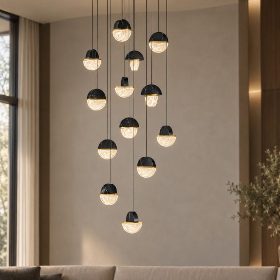 Lampadario a sospensione led 72w 3000k 13 luci dimmerabile per soggiorno nero oro ottone e bianco