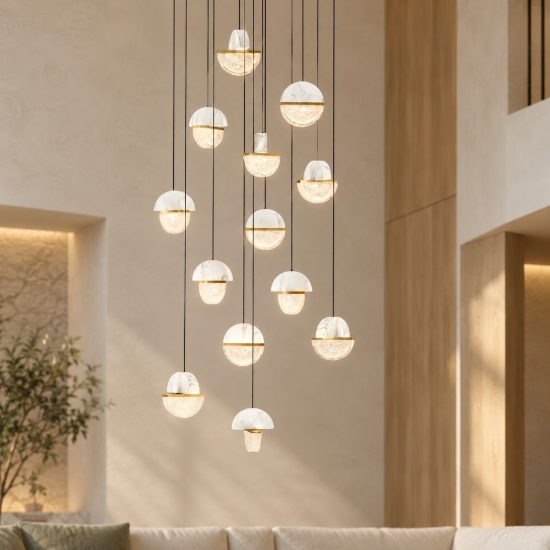 Lampadario a sospensione led 72w 3000k 13 luci per salone bianco oro ottone nero