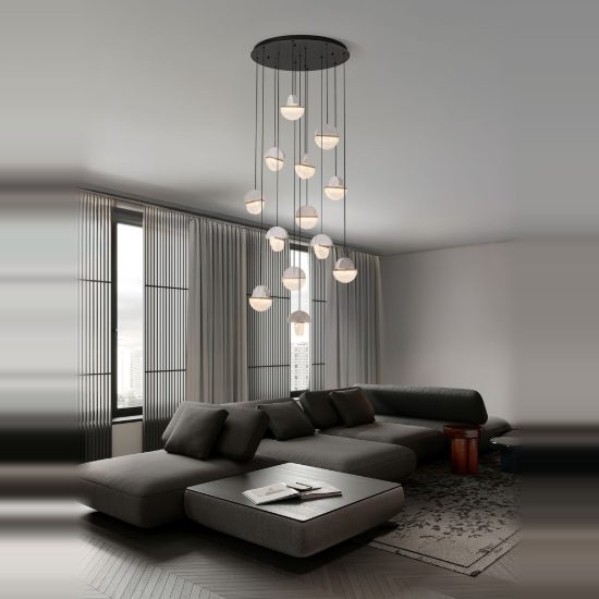 Lampadario a sospensione led 72w 3000k 13 luci per salone bianco oro ottone nero
