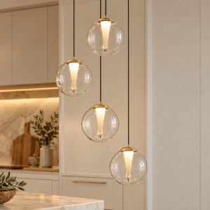 Lampadario a sospensione per cucina oro led 25w 3000k 4 luci dimmerabile