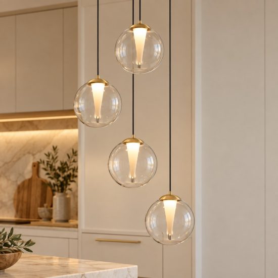 Lampadario a sospensione per cucina oro led 25w 3000k 4 luci dimmerabile