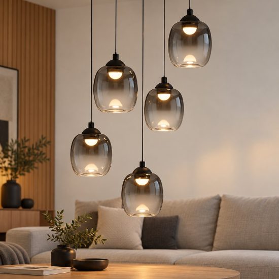 Lampadario per soggiorno nero a sospensione led 28w 3000k 5 luci dimmerabile