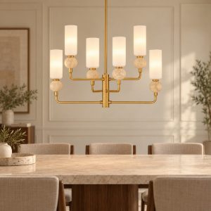 Lampadario a sospensione per cucina contemporaneo opale e oro vetro 6 luci