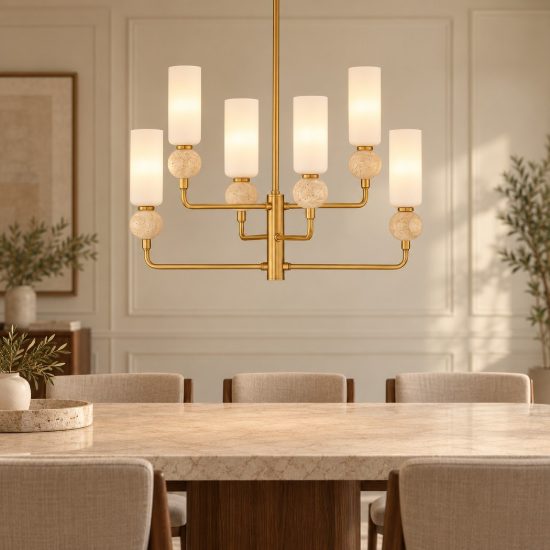 Lampadario a sospensione per cucina contemporaneo opale e oro vetro 6 luci