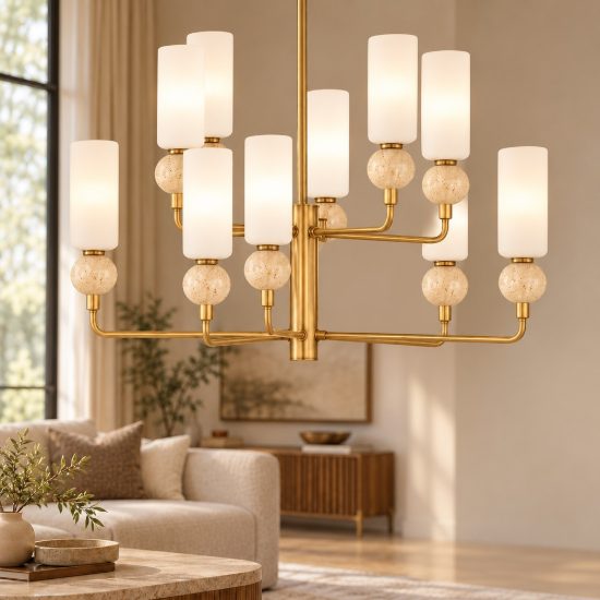 Lampadario a sospensione per cucina contemporaneo candela opale e oro 10 luci
