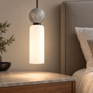 Lampada a sospensione per comodini cilindro opale grigio e nero vetro