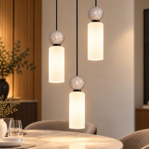 Lampadario 3 luci per cucina moderno a sospensione opale grigio e nero