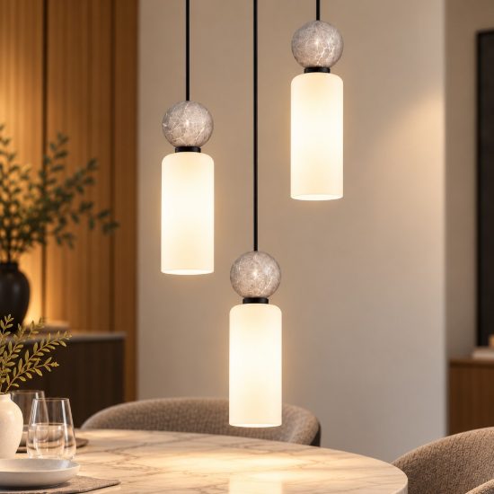 Lampadario 3 luci per cucina moderno a sospensione opale grigio e nero