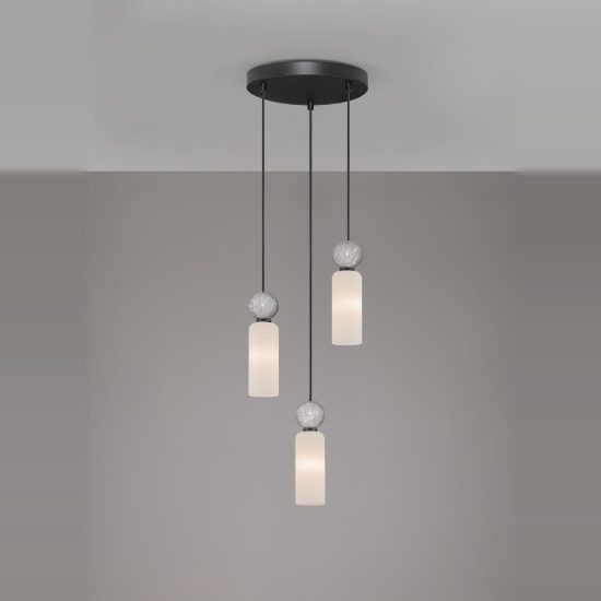 Lampadario 3 luci per cucina moderno a sospensione opale grigio e nero