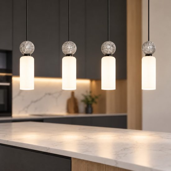 Lampadario 4 luci per cucina moderno a sospensione opale grigio e nero