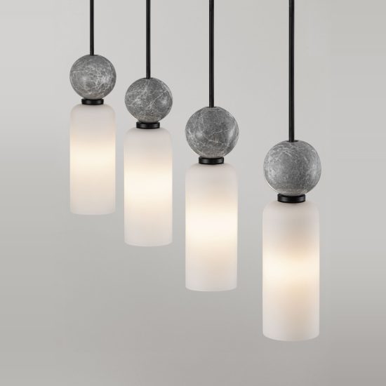 Lampadario 4 luci per cucina moderno a sospensione opale grigio e nero