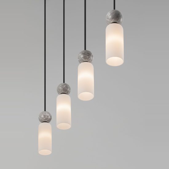 Lampadario 4 luci per cucina moderno a sospensione opale grigio e nero