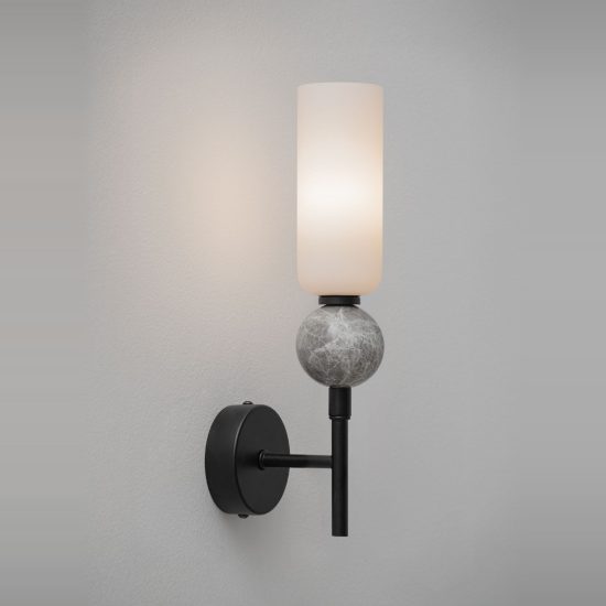 Applique moderna da parete per soggiorno cilindro opale grigio e nero