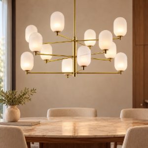 Lampadario 12 luci moderno a sospensione per soggiorno bianco e oro ottone
