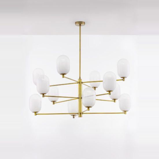 Lampadario 12 luci moderno a sospensione per soggiorno bianco e oro ottone