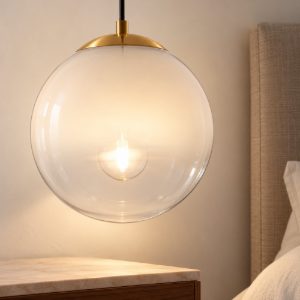 Lampada per comodino camera da letto a sospensione sferica bianco e oro ottone vetro