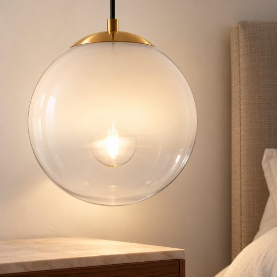 Lampada per comodino camera da letto a sospensione sferica bianco e oro ottone vetro