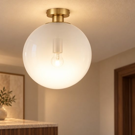 Plafoniera 30cm per ingresso sfera boccia bianco e oro ottone vetro