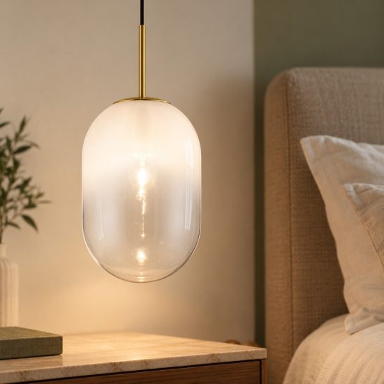 Lampada moderna a sospensione per comodino oliva bianco e oro ottone vetro