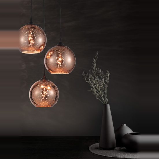 Lampadario 3 luci per camera da letto a sospensione rame e nero vetro