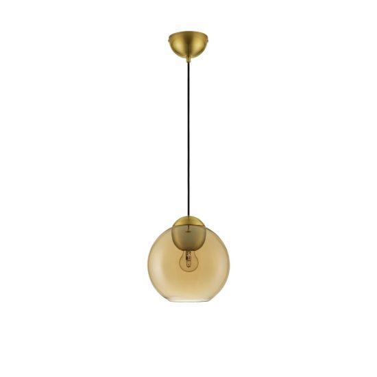 Lampada per cucina moderna a sospensione sferica ambra e oro ottone vetro