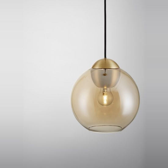 Lampada per cucina moderna a sospensione sferica ambra e oro ottone vetro