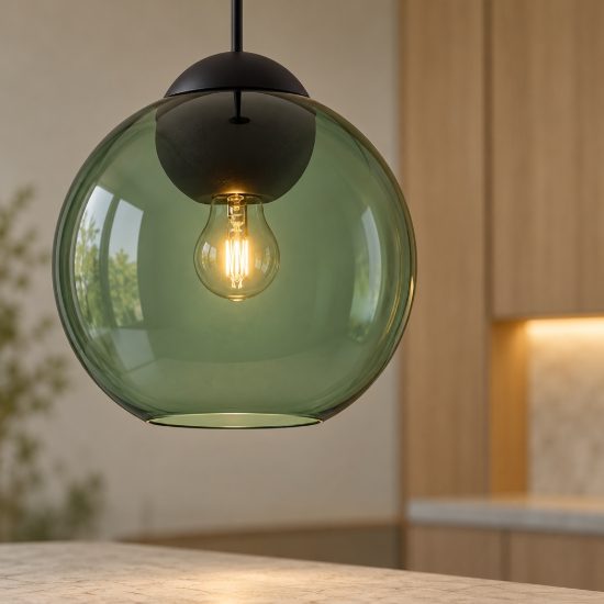 Lampada a sospensione per cucina moderna sferica verde scuro e nero vetro