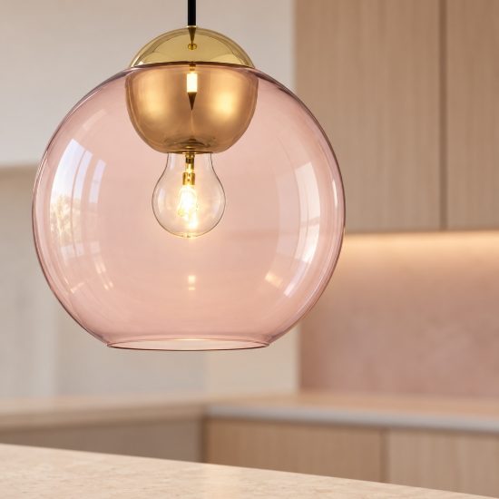 Lampada a sospensione moderna sferica rosa e oro ottone vetro