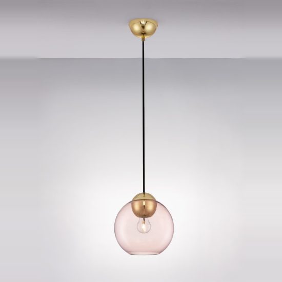 Lampada a sospensione moderna sferica rosa e oro ottone vetro