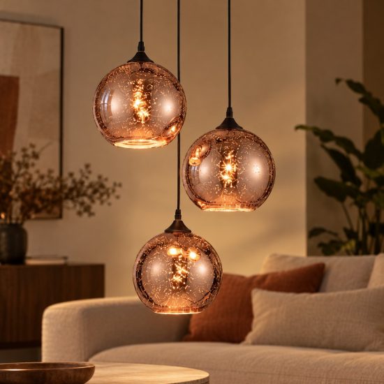 Lampadario 3 luci per camera da letto a sospensione rame e nero vetro
