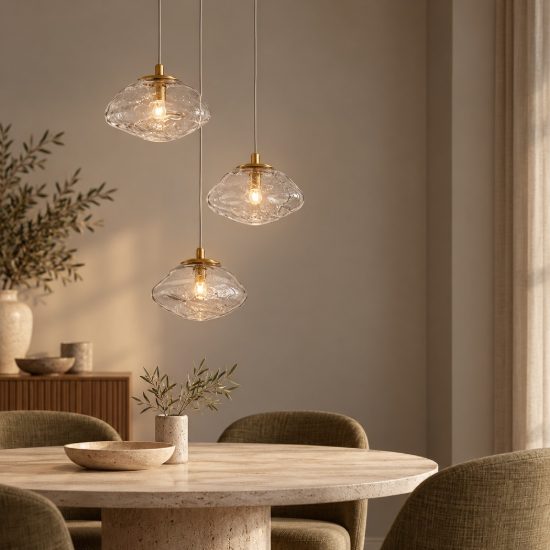 Lampadario 3 luci per cucina moderno a sospensione su rosone tondo oro ottone vetro