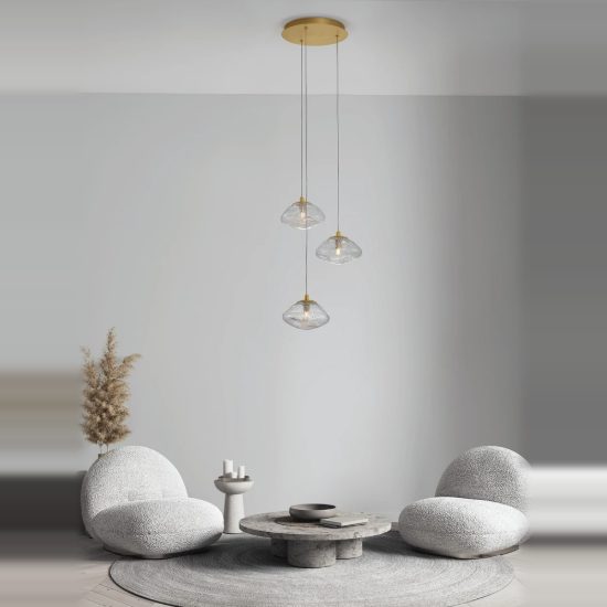Lampadario 3 luci per cucina moderno a sospensione su rosone tondo oro ottone vetro
