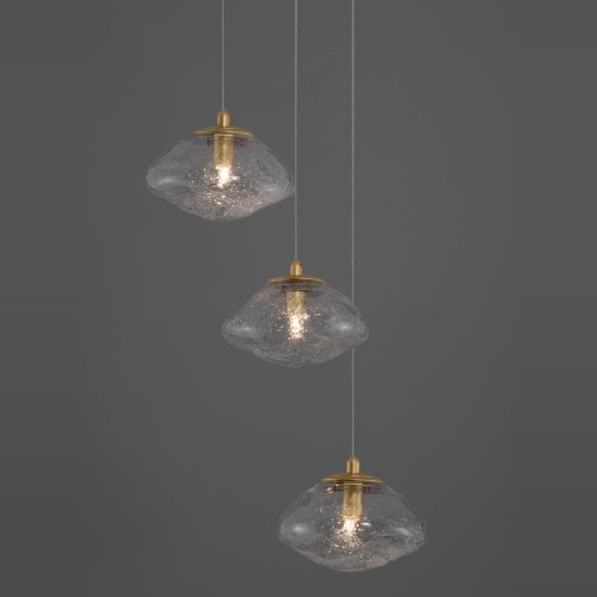 Lampadario 3 luci per cucina moderno a sospensione su rosone tondo oro ottone vetro