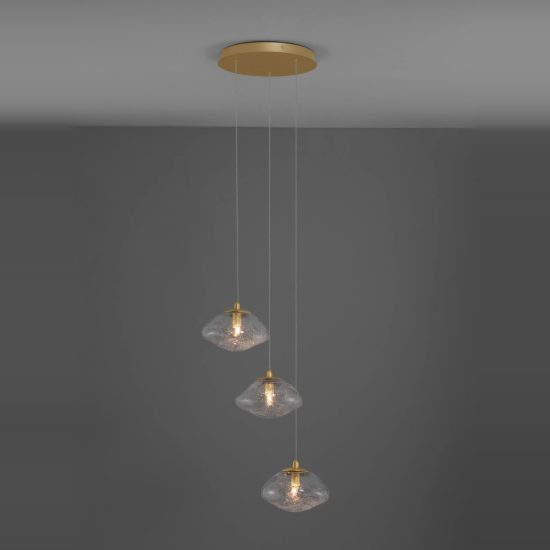Lampadario 3 luci per cucina moderno a sospensione su rosone tondo oro ottone vetro