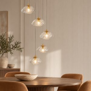 Lampadario 5 luci moderno a sospensione su rosone tondo oro ottone vetro per soggiorno