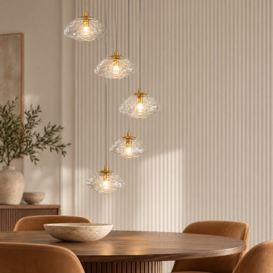 Lampadario 5 luci moderno a sospensione su rosone tondo oro ottone vetro per soggiorno