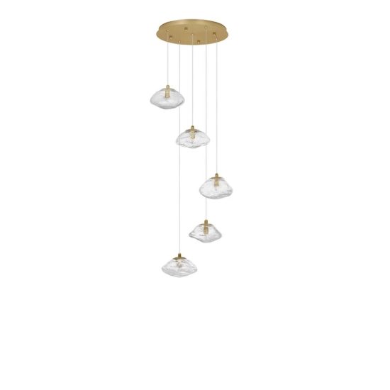 Lampadario 5 luci moderno a sospensione su rosone tondo oro ottone vetro per soggiorno