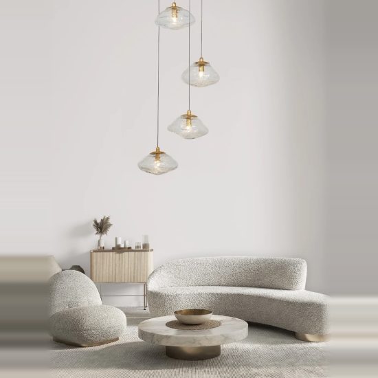 Lampadario 5 luci moderno a sospensione su rosone tondo oro ottone vetro per soggiorno