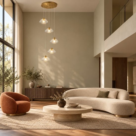 Lampadario 5 luci moderno a sospensione su rosone tondo oro ottone vetro per soggiorno