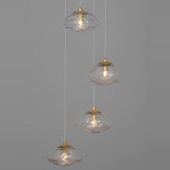 Lampadario 5 luci moderno a sospensione su rosone tondo oro ottone vetro per soggiorno
