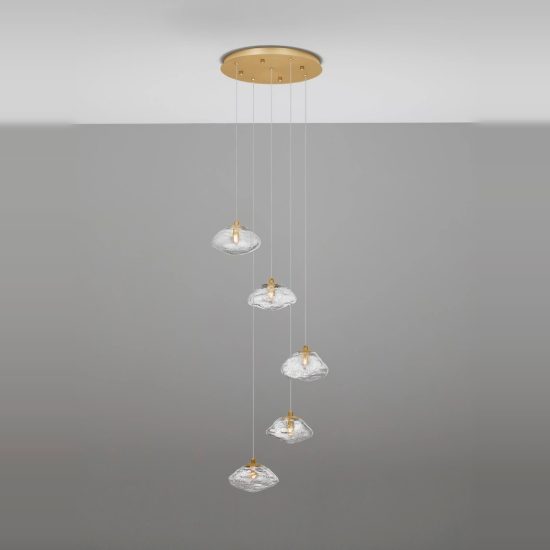 Lampadario 5 luci moderno a sospensione su rosone tondo oro ottone vetro per soggiorno