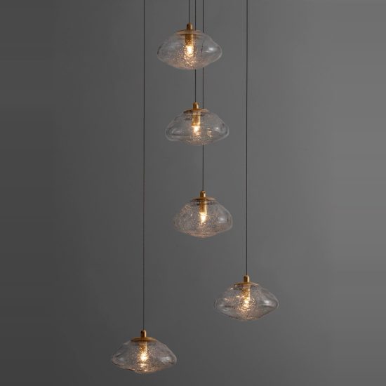 Lampadario 5 luci moderno a sospensione su rosone tondo oro ottone vetro per soggiorno